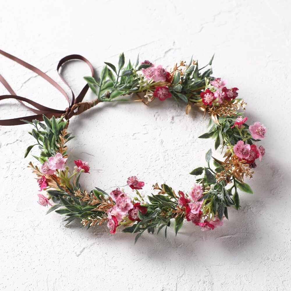 Women Girls Flower Crown - Golden Green Leaves Red Flower Headband Renaissance F